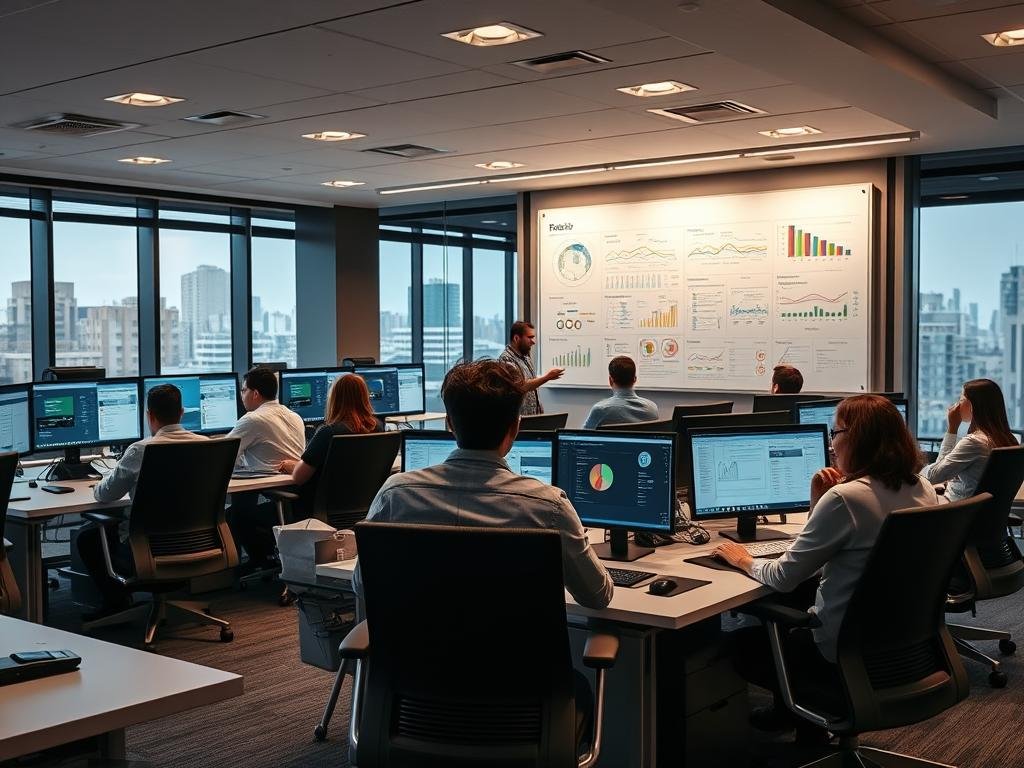 A busy digital marketing agency office, filled with sleek desks, modern ergonomic chairs, and multiple high-resolution computer screens displaying complex analytics dashboards. In the foreground, a team of young, focused professionals diligently poring over data, strategizing media placements and ad campaign optimizations. The middle ground showcases a large, interactive whiteboard covered in colorful charts, graphs, and annotated digital ad creatives. Soft, warm lighting emanates from recessed ceiling fixtures, creating a focused, productive atmosphere. The background features floor-to-ceiling windows overlooking a bustling cityscape, hinting at the scale and importance of this media buying and optimization endeavor.