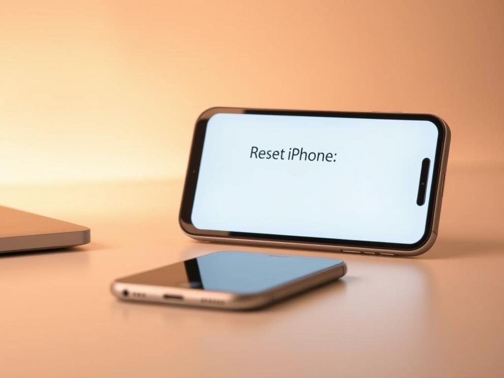 a clean, minimalist desk with an iphone in the center, its screen displaying the "reset iphone" option. soft, warm lighting illuminates the scene, creating a calming atmosphere. the iphone is positioned at a slight angle, highlighting its sleek design. the background is a subtle gradient, allowing the device to be the focal point. the image conveys a sense of simplicity and focus, guiding the viewer's attention to the essential steps of resetting an iphone.
