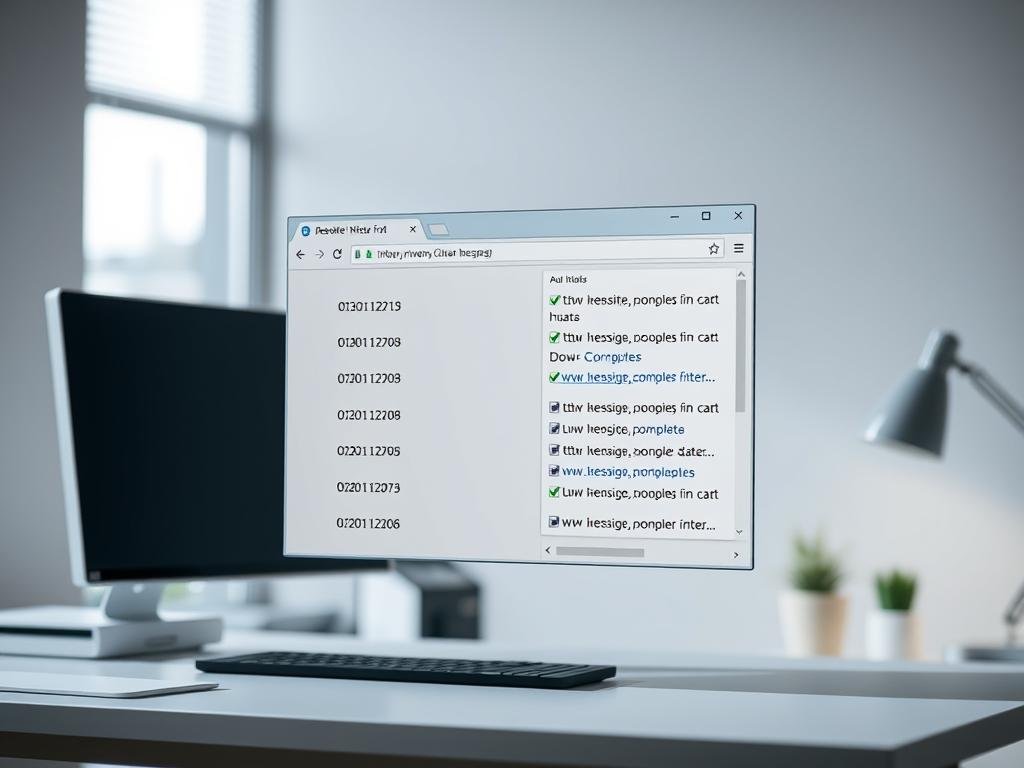 A clean, well-lit desktop with a web browser window prominently displaying a list of individual website URLs. The background is a subtle, neutral-toned office setting, with a minimalist desk and a few plants or decor elements to provide visual interest. The browser window is in focus, with the websites' titles and domain names clearly visible, highlighting the ability to selectively clear browsing history. The overall scene conveys a sense of organization, control, and attention to detail, reflecting the ability to manage one's online privacy and browsing data.