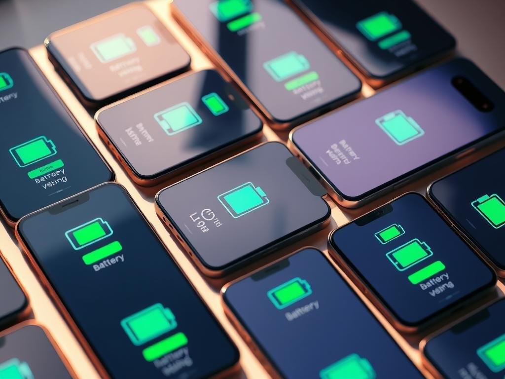 a close-up shot of several 5g smartphones arranged in a grid, their battery life indicators prominently displayed on the screens. the phones are illuminated by a warm, natural light, casting subtle shadows that add depth and dimension to the scene. the background is a soft, blurred gradient, allowing the phones to be the focal point. the varying battery levels on the screens clearly demonstrate the differences in battery performance between the 5g models, providing a visual comparison for the viewer. a close-up shot of several 5g smartphones arranged in a grid, their battery life indicators prominently displayed on the screens. the phones are illuminated by a warm, natural light, casting subtle shadows that add depth and dimension to the scene. the background is a soft, blurred gradient, allowing the phones to be the focal point. the varying battery levels on the screens clearly demonstrate the differences in battery performance between the 5g models, providing a visual comparison for the viewer.