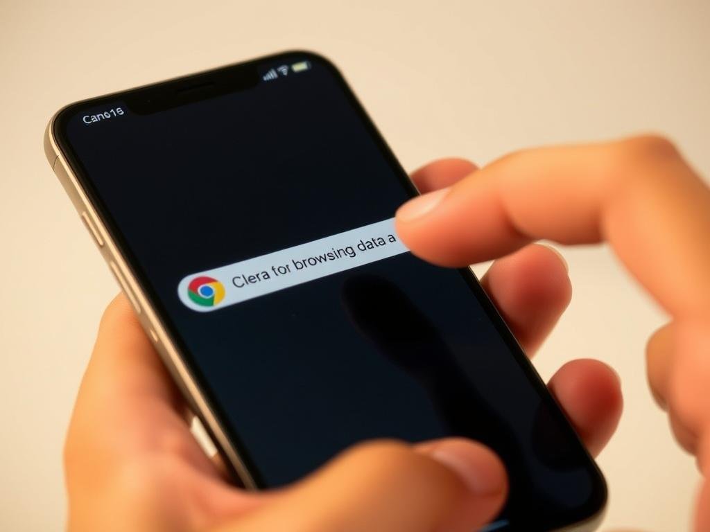 a close-up view of a person's hand interacting with a smartphone screen, the chrome browser interface prominently displayed. the hand hovers over the "clear browsing data" option, conveying the action of deleting browsing history and data. the image is captured in a clean, minimal style with a soft, muted color palette, emphasizing the focus on the task at hand. warm, diffused lighting illuminates the scene, creating a sense of thoughtfulness and purpose. the composition is balanced, with the smartphone screen occupying the central focus, surrounded by a subtle, blurred background to direct the viewer's attention.