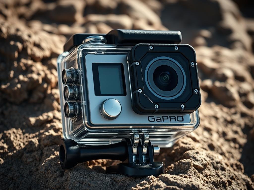 a close-up view of an action camera featuring a robust, waterproof casing, a wide-angle lens, and multiple control buttons and ports. the camera is placed on a rugged, textured surface, such as a rocky or sandy background, to emphasize its durability and suitability for outdoor adventures. the lighting is sharp and directional, casting dramatic shadows and highlights to accentuate the camera's sleek, modern design. the overall mood is one of excitement and adventure, inviting the viewer to imagine capturing thrilling moments in high-definition video or photography. a close-up view of an action camera featuring a robust, waterproof casing, a wide-angle lens, and multiple control buttons and ports. the camera is placed on a rugged, textured surface, such as a rocky or sandy background, to emphasize its durability and suitability for outdoor adventures. the lighting is sharp and directional, casting dramatic shadows and highlights to accentuate the camera's sleek, modern design. the overall mood is one of excitement and adventure, inviting the viewer to imagine capturing thrilling moments in high-definition video or photography.