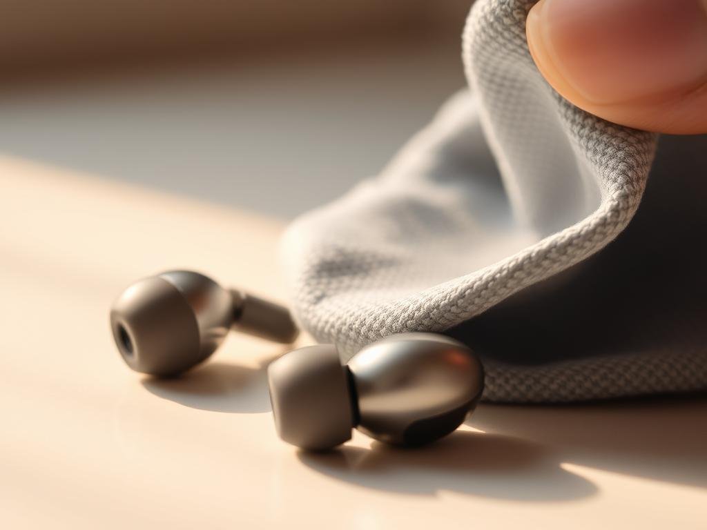 a closeup view of a pair of noise-cancelling earbuds being gently cleaned with a soft microfiber cloth under warm, soft lighting. the earbuds are resting on a clean, light-colored surface, showcasing their sleek, modern design. the image focuses on the maintenance and care process, highlighting the importance of regular upkeep to ensure optimal performance and longevity of these high-tech audio devices.