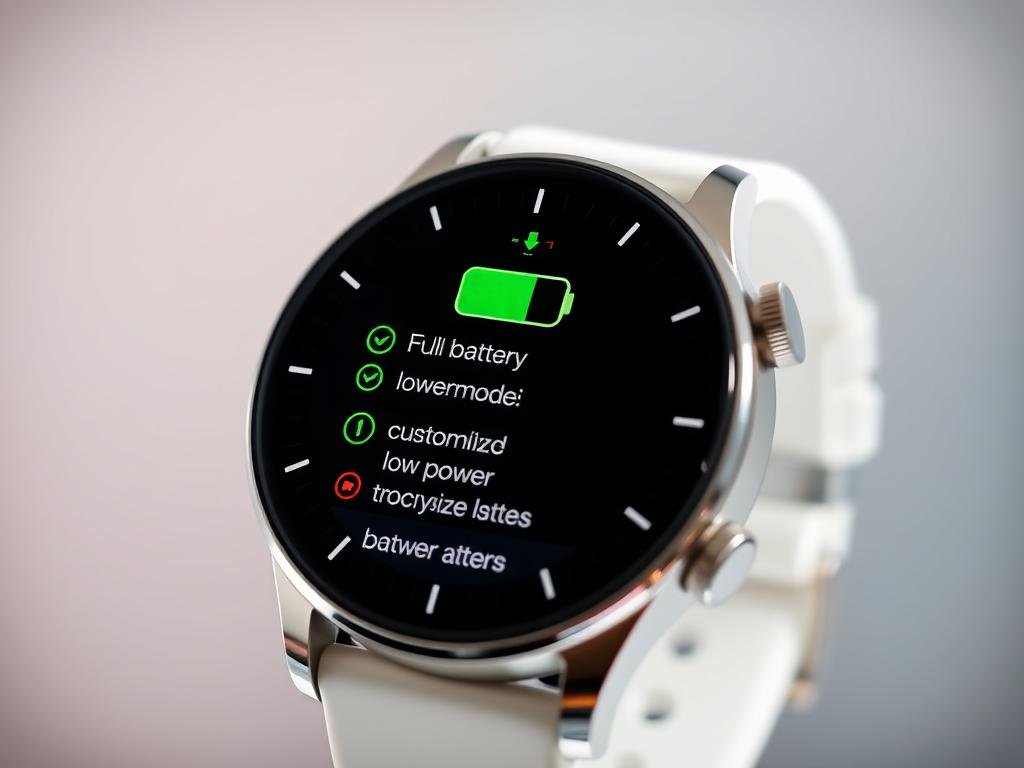 a closeup view of a smartwatch face displaying various battery life modes and power settings, including a full battery indicator, a low power mode, and a customizable battery optimization mode. the watch face is rendered in a minimalist, modern style with clean lines and a sleek, high-tech aesthetic. the lighting is bright and crisp, with a subtle gradient in the background to add depth and dimension. the camera angle is slightly angled to showcase the watch face in an engaging, visually compelling way, highlighting the details and functionality of the power modes.