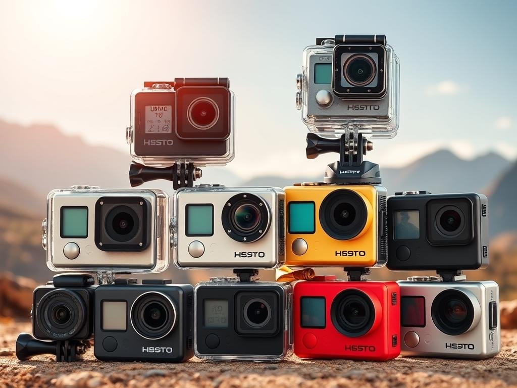 a collection of compact, rugged action cameras with streamlined silhouettes, set against a backdrop of adventure-ready landscapes. diverse camera models in various colors, with durable housings, wide-angle lenses, and mounting accessories. sunlight glints off the polished metal and glass surfaces, while the cameras are arranged in a dynamic, eye-catching composition. the scene evokes a sense of exploration, outdoor thrills, and the freedom to capture life's most exhilarating moments without breaking the bank.