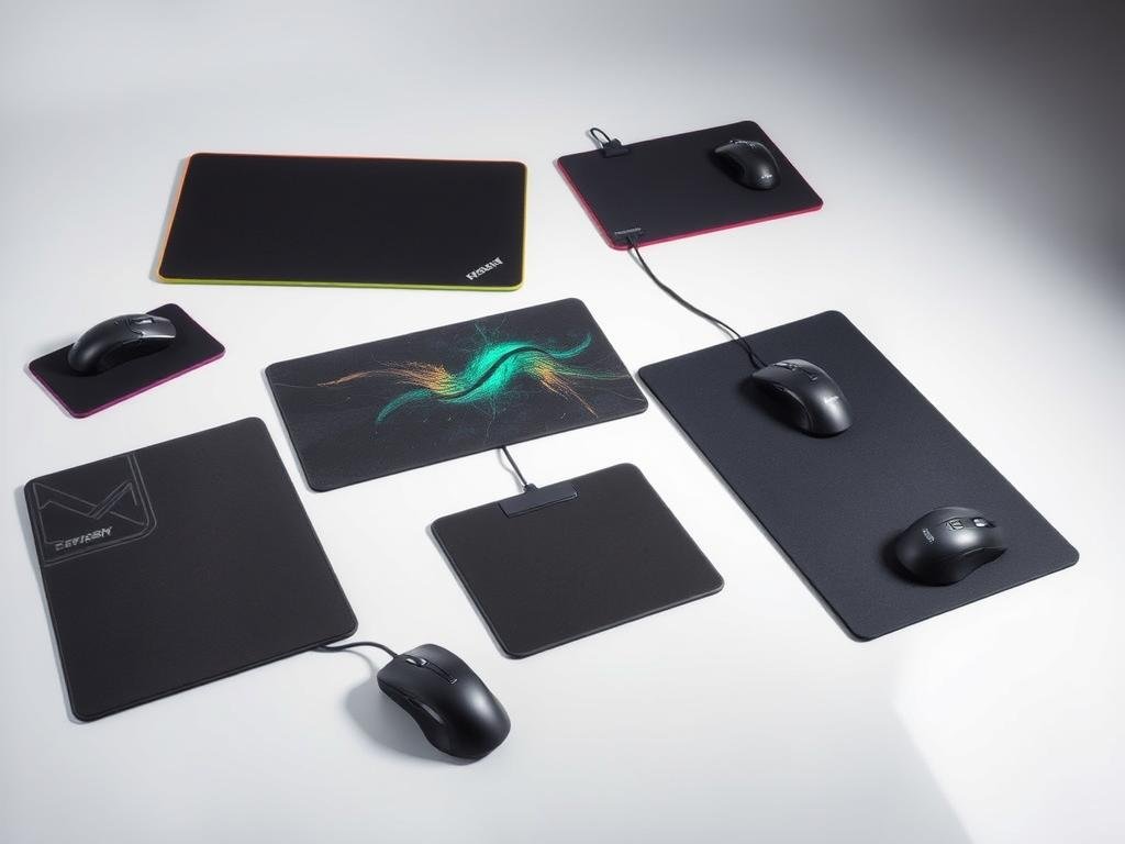 A collection of high-quality gaming mouse pads and surfaces, arranged neatly in a well-lit studio setting. The pads feature a variety of materials, textures, and colors, showcasing their versatility and suitability for different gaming needs. The pads are positioned on a clean, reflective surface, allowing for clear visibility of their sleek designs and attention to detail. Soft, directional lighting illuminates the scene, creating depth and highlighting the subtle nuances of each pad. The overall composition emphasizes the value and importance of these essential gaming accessories, reflecting the section's focus on "Value of Mouse Pads and Surfaces".