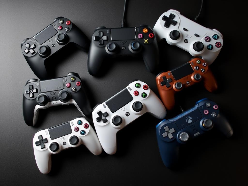 A collection of sleek, modern gaming controllers arranged on a dark, minimalist surface. The controllers are depicted in an aesthetically pleasing, top-down view, showcasing their ergonomic designs and vibrant color schemes. The lighting is soft and diffused, creating a sense of depth and highlighting the controllers' textures and details. The background is slightly out of focus, allowing the controllers to be the central focus of the image. The overall mood is one of premium quality and affordability, reflecting the "Pro Performance Under $50" theme of the article.