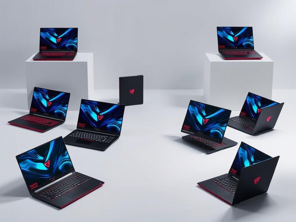A collection of sleek, modern gaming laptops arranged in a well-lit, minimalist setting. The laptops feature sharp, angular designs with bold color accents, showcasing their high-performance capabilities. The middle ground displays the laptops at various angles, allowing viewers to appreciate their premium aesthetic and compact form factors. The background features a simple, neutral-toned backdrop, emphasizing the laptops as the focal point. Soft, directional lighting casts subtle shadows, highlighting the laptops' clean lines and attention to detail. An overall sense of quality, affordability, and technological prowess is conveyed, making these laptops an appealing choice for budget-conscious gamers.