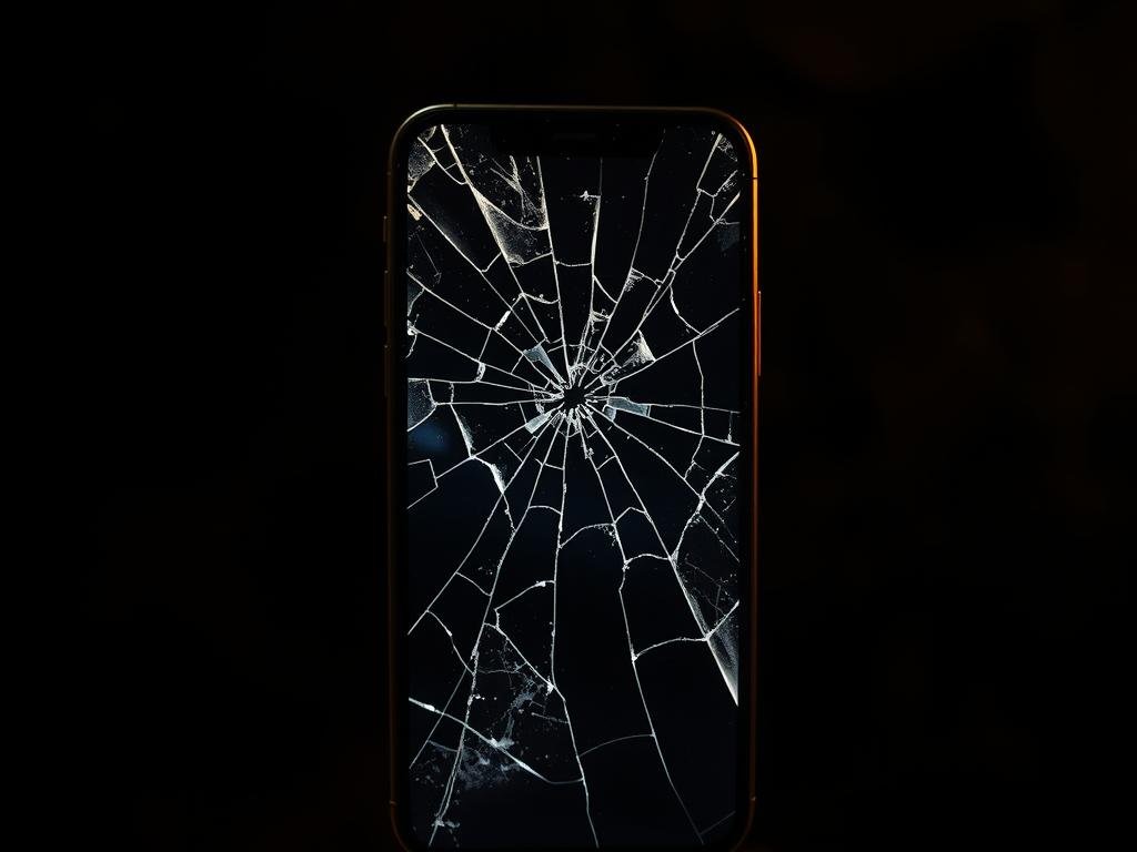 a cracked, shattered iphone screen against a dimly lit, hazy background. the screen is the focal point, with jagged edges and visible cracks that radiate from the center. the lighting is dramatic, creating shadows and highlights that add depth and texture to the screen. the overall atmosphere is one of tension and distress, reflecting the "troubleshooting tough situations" theme. the image should convey a sense of urgency and the need for a solution to the problem.