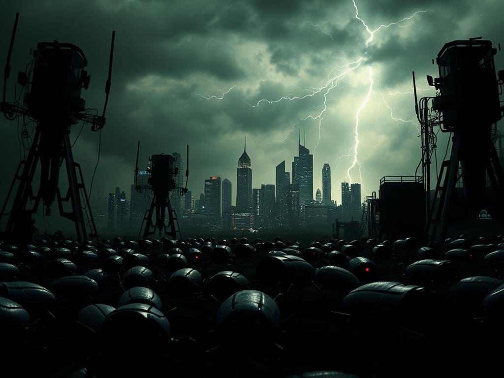 A dark, ominous cyberpunk landscape, with towering IoT devices casting long shadows. In the foreground, a swarm of menacing robotic insects crawling and glitching, symbolizing the relentless IoT threats. The middle ground features a futuristic city skyline, its buildings adorned with various IoT sensors and cameras, hinting at the pervasive connectivity. The background is a stormy sky, electric with the crackle of data, emphasizing the urgent need to secure these interconnected systems. Dramatic chiaroscuro lighting, with harsh contrasts and deep shadows, conveys the gravity of the situation. The overall mood is one of foreboding and technological unease.