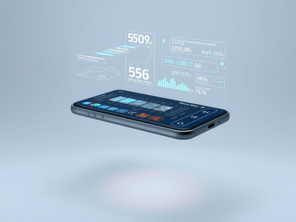 a detailed 3d rendering of a futuristic 5g smartphone, its holographic display showcasing real-time performance metrics. the device is suspended in a clean, minimalist studio setting with soft, diffused lighting. precise data visualizations hover above the phone, illustrating network speeds, latency, bandwidth, and other key technical specifications. the overall atmosphere is sleek, modern, and technologically advanced, highlighting the power and capabilities of the 5g platform.