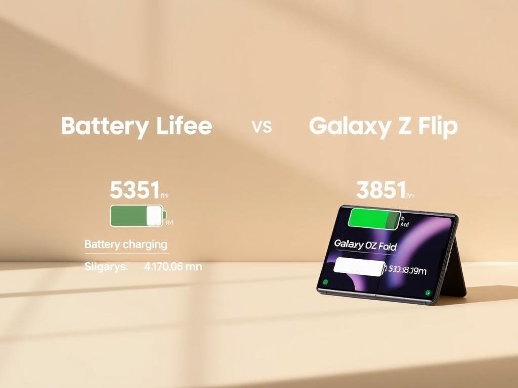 a detailed comparison of the battery life and charging speeds of two foldable smartphones, the samsung galaxy z fold and galaxy z flip, presented against a sleek, minimalist backdrop. the phones are displayed side-by-side, showcasing their distinctive folding mechanisms and screen sizes, with a clear visual hierarchy that emphasizes the battery life and charging information. the scene is illuminated by a warm, natural light, creating a sense of balance and sophistication. the composition is clean and uncluttered, allowing the technical details to shine and effectively communicate the key differences between these two cutting-edge mobile devices.