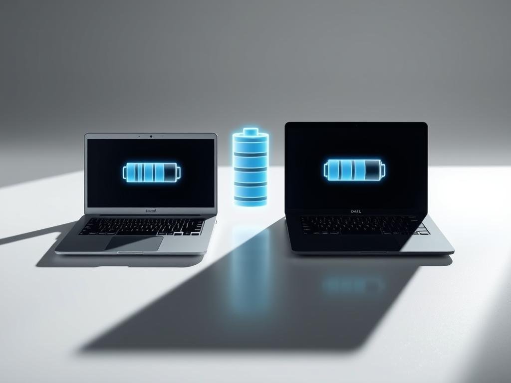A detailed side-by-side comparison of the battery life performance of a M2 MacBook Air and a Dell XPS laptop, showcased in a sleek, high-contrast visual. The scene depicts the two laptops on a minimalist, reflective surface, their batteries represented by dynamic, glowing icons that visually illustrate the relative battery life capabilities. Crisp, directional lighting casts dramatic shadows, creating depth and emphasizing the technical details. The composition is balanced, with the laptops positioned to draw the viewer's eye towards the central battery life comparison. The overall mood is one of precision, clarity, and technical prowess, befitting the comparison of these premium mobile computing devices.
