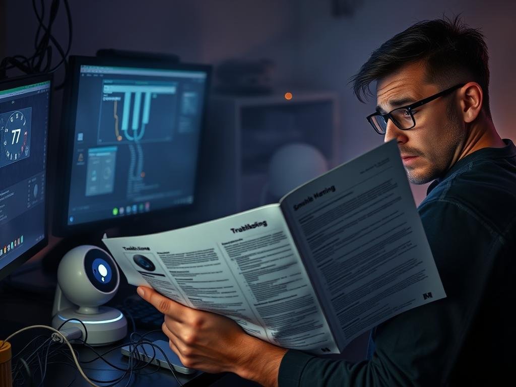 A dimly lit computer room, with flickering screens and tangled ethernet cables sprawling across the desk. In the foreground, a frustrated user holds a troubleshooting manual, their expression etched with concern. The middle ground features an array of smart home devices - a thermostat, a security camera, and a voice assistant - all blinking erratically, hinting at connectivity issues. The background is shrouded in a hazy, atmospheric lighting, creating a sense of unease and technical complexity. The overall scene conveys the challenges of integrating and troubleshooting a smart home system, with the user grappling to maintain control amidst the technological uncertainties.