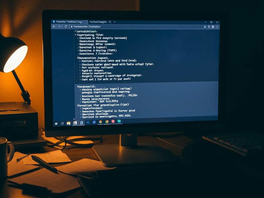 a dimly lit desktop computer screen displaying a troubleshooting interface with diagnostic information, error messages, and a variety of technical options. the screen is the focal point, surrounded by a cluttered desk with scattered papers, tools, and a coffee mug. the lighting is warm and slightly hazy, creating a contemplative atmosphere. the camera angle is slightly elevated, giving a sense of the user's perspective as they troubleshoot the issue. the overall scene conveys the frustration and complexity of resolving a technical problem on a personal device.