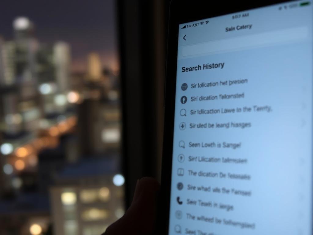 a dimly lit iphone screen displays a siri dictation search history, the entries revealed in a soft, ethereal glow. the interface appears worn and weathered, hinting at the device's extended use. in the background, a blurred cityscape lies beyond the window, its lights and shadows creating a sense of depth and context. the scene evokes a quiet, introspective mood, inviting the viewer to consider the personal nature of the search history and the intimate relationship between the user and their device.