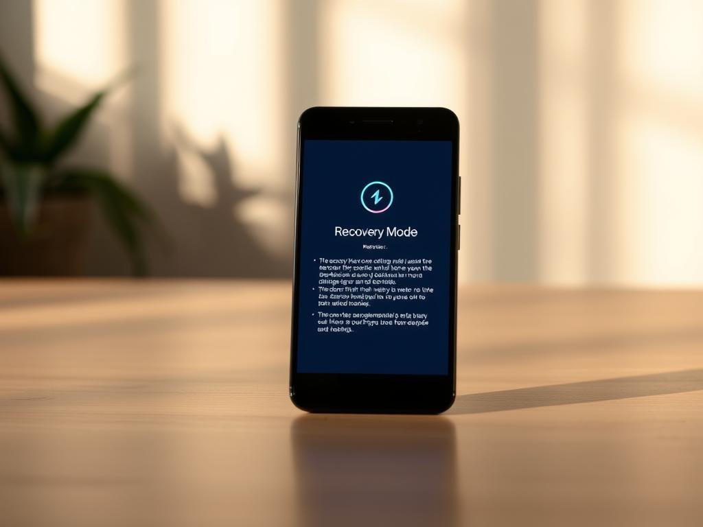 a dimly lit smartphone screen displaying the "recovery mode" interface, with a gently pulsing icon and simple instructions. the device is placed on a clean, minimalist wooden surface, bathed in soft, warm lighting that casts subtle shadows. the background is blurred, emphasizing the focal point of the smartphone, conveying a sense of focus and troubleshooting. the overall atmosphere is calm, inviting, and informative, reflecting the need for a user-friendly solution when a standard device reset is insufficient.
