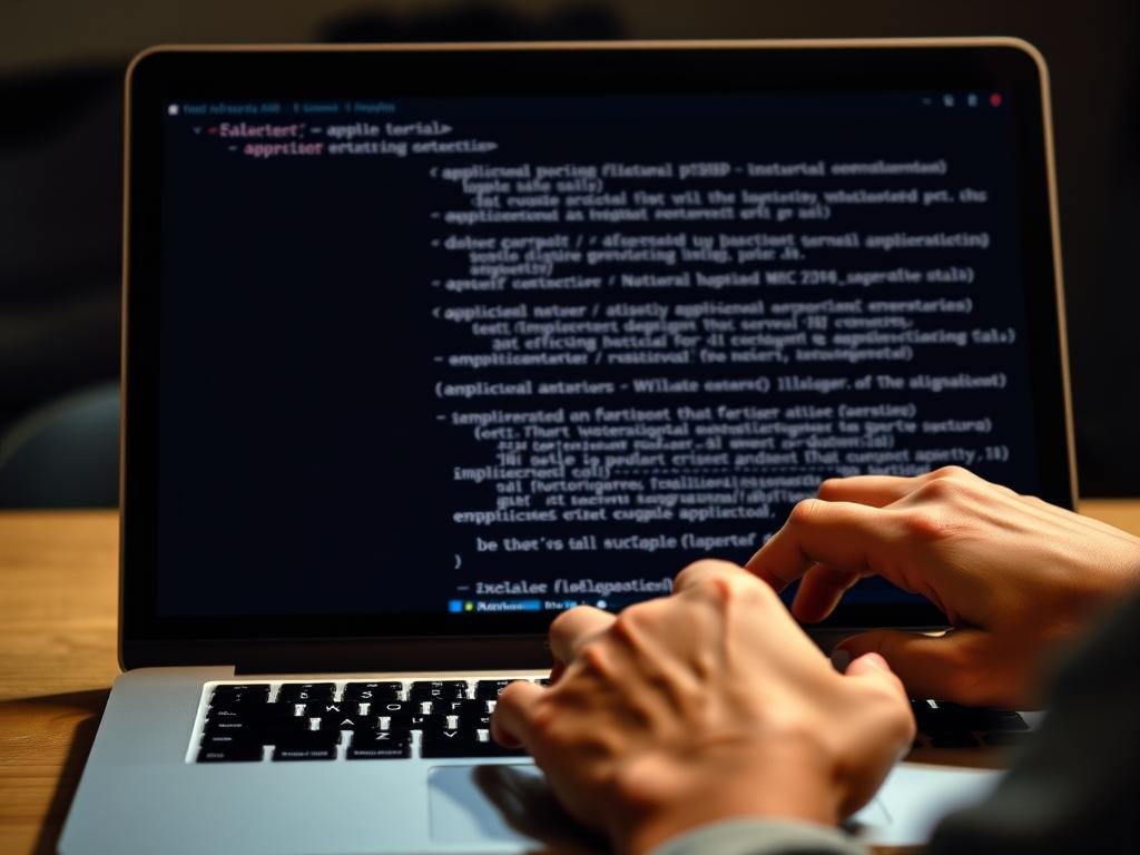 a dimly lit terminal window on a sleek macbook pro, the cursor flashing as lines of code scroll across the screen. the user's hands hover over the keyboard, fingers poised to execute a series of commands. the display casts a warm glow, illuminating the user's face, their expression focused and determined. the terminal interface is crisp and clear, with sharp edges and a minimalist design, reflecting the user's need for a quick and efficient solution. the background is blurred, emphasizing the importance of the task at hand - forcing a stubborn application to close when all other methods have failed.