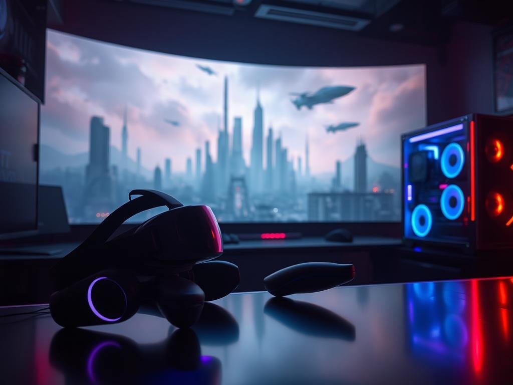A dimly lit virtual reality gaming setup, with a player immersed in an intense sci-fi-inspired cyberpunk world. In the foreground, a high-tech VR headset and hand controllers rest on a sleek, metallic desk. The middle ground features a state-of-the-art gaming PC, its RGB lighting casting a soft, neon glow across the scene. In the background, a large, curved monitor displays a captivating, futuristic landscape, filled with towering skyscrapers, hovering vehicles, and a hazy, dystopian atmosphere. The lighting is moody and atmospheric, with dramatic shadows and highlights, creating a sense of depth and immersion. The overall tone is one of cutting-edge technology, immersive gaming, and a glimpse into the future of interactive entertainment.