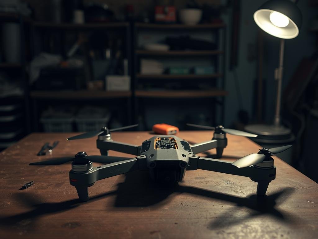 a dimly lit workbench in a cozy garage, the focus on a budget drone disassembled, its inner components laid out neatly. soft shadows cast by a single desk lamp, highlighting the intricate mechanisms. in the background, shelves of tools and spare parts, hinting at the owner's expertise. the atmosphere is one of calm concentration, as if the viewer is about to embark on a delicate repair process. the drone's sleek, modern design contrasts with the vintage, well-worn setting, creating a sense of approachability and accessibility for the aspiring drone enthusiast. a dimly lit workbench in a cozy garage, the focus on a budget drone disassembled, its inner components laid out neatly. soft shadows cast by a single desk lamp, highlighting the intricate mechanisms. in the background, shelves of tools and spare parts, hinting at the owner's expertise. the atmosphere is one of calm concentration, as if the viewer is about to embark on a delicate repair process. the drone's sleek, modern design contrasts with the vintage, well-worn setting, creating a sense of approachability and accessibility for the aspiring drone enthusiast.