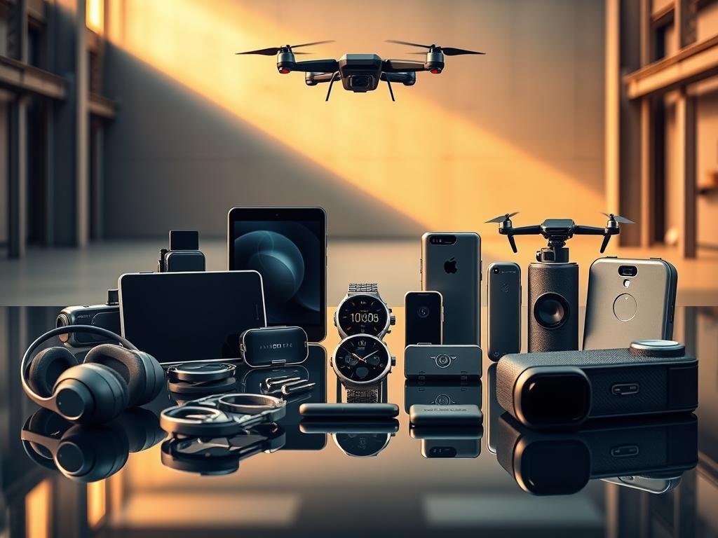 a diverse collection of cutting-edge portable gadgets arranged in a sleek, modern setting. in the foreground, an array of futuristic devices ranging from slim wireless headphones, a foldable tablet, and a compact multi-tool. in the middle ground, a high-tech smartwatch, a portable power bank, and a miniature camera drone hover above a reflective glass surface. the background features a minimalist industrial environment with sharp lines and muted tones, emphasizing the gadgets' sophisticated design. warm, directional lighting casts dramatic shadows, highlighting the tactile textures and advanced capabilities of these must-have on-the-go accessories.