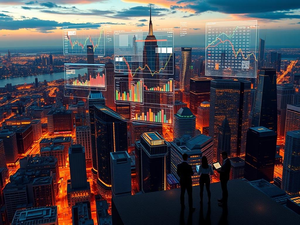 A dynamic and futuristic cityscape, with skyscrapers and financial institutions casting long shadows across a bustling metropolis. In the foreground, a holographic display showcases complex financial data visualizations, vibrant graphs, and intricate algorithms. Amidst the digital landscape, a team of analysts and traders collaborates, using state-of-the-art machine learning tools to analyze market trends, predict risks, and optimize investment strategies. The scene is illuminated by a warm, amber-hued lighting, creating a sense of innovation and productivity. The overall atmosphere conveys the transformative power of machine learning in revolutionizing the financial services industry.