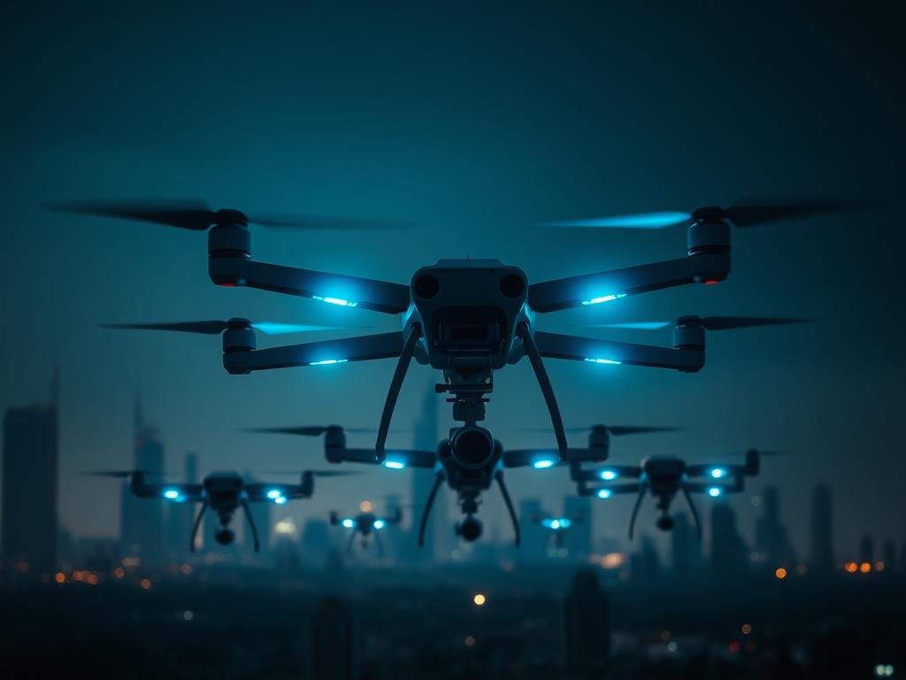 A fleet of advanced drones equipped with cutting-edge machine learning algorithms hover in a dimly lit urban landscape. The drones' sleek, angular frames are illuminated by an eerie blue glow, casting dramatic shadows on the ground below. High-resolution cameras and sensors protrude from the drones, scanning the area with precision and efficiency. In the distance, the silhouettes of skyscrapers and other urban structures are visible, creating a sense of scale and context. The atmosphere is tense and foreboding, hinting at the drones' powerful surveillance and monitoring capabilities. The scene evokes a future where machine learning and robotics play a central role in urban security and monitoring.