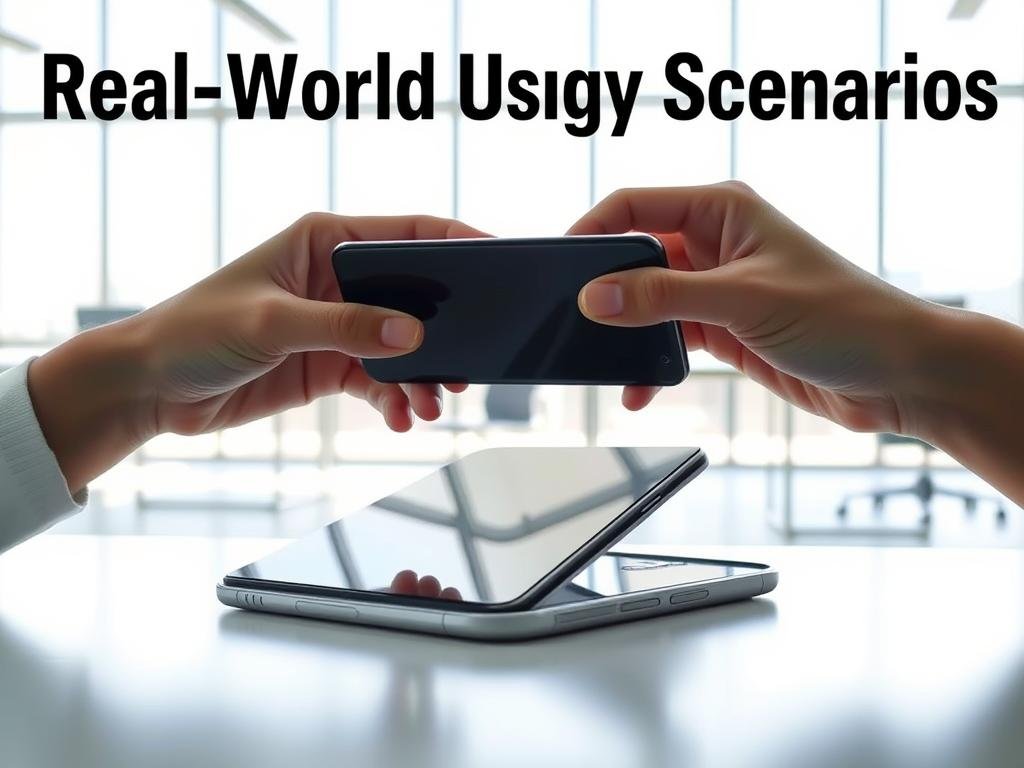 a foldable smartphone being put through a series of durability tests in a real-world environment. the device is being carefully manipulated, bent, and folded at various angles to assess its structural integrity and resilience. bright, natural lighting filters through large windows, casting soft shadows and highlights on the phone's sleek, metallic frame. the background is a clean, modern workspace, with minimalist desks and chairs, emphasizing the technical and analytical nature of the tests. the overall mood conveys a sense of scientific inquiry and diligent evaluation, capturing the essence of "real-world usage scenarios" for this innovative mobile technology.