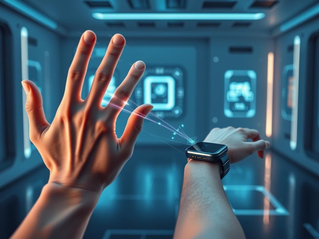A futuristic scene depicting gesture controls and haptic interfaces for wearable technology. In the foreground, a human hand performs expressive hand motions, the movements triggering digital feedback visualized as pulsing light trails. In the middle ground, a sleek wearable device rests on the user's wrist, its surface articulating and providing tactile sensations. The background features a minimalist, tech-inspired environment with glowing panels and holographic displays, all bathed in a cool, blue-tinted lighting. The overall scene conveys a sense of seamless human-machine interaction and the evolution of more natural, intuitive user interfaces for the wearables of the future.