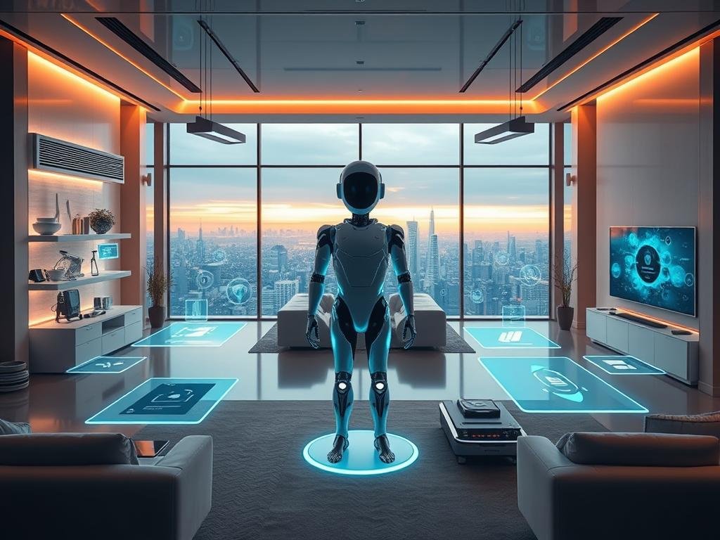 a futuristic smart home interior with sleek, minimalist design. in the foreground, an advanced ai assistant stands amidst floating holographic displays, surrounded by an array of smart home devices and appliances. the middle ground showcases intelligent lighting systems, climate controls, and security cameras seamlessly integrated into the modern decor. in the background, large windows offer a panoramic view of a futuristic cityscape, reflecting the ai's role in enhancing the inhabitants' comfort, convenience, and safety. warm, ambient lighting and muted tones create a serene, high-tech atmosphere.
