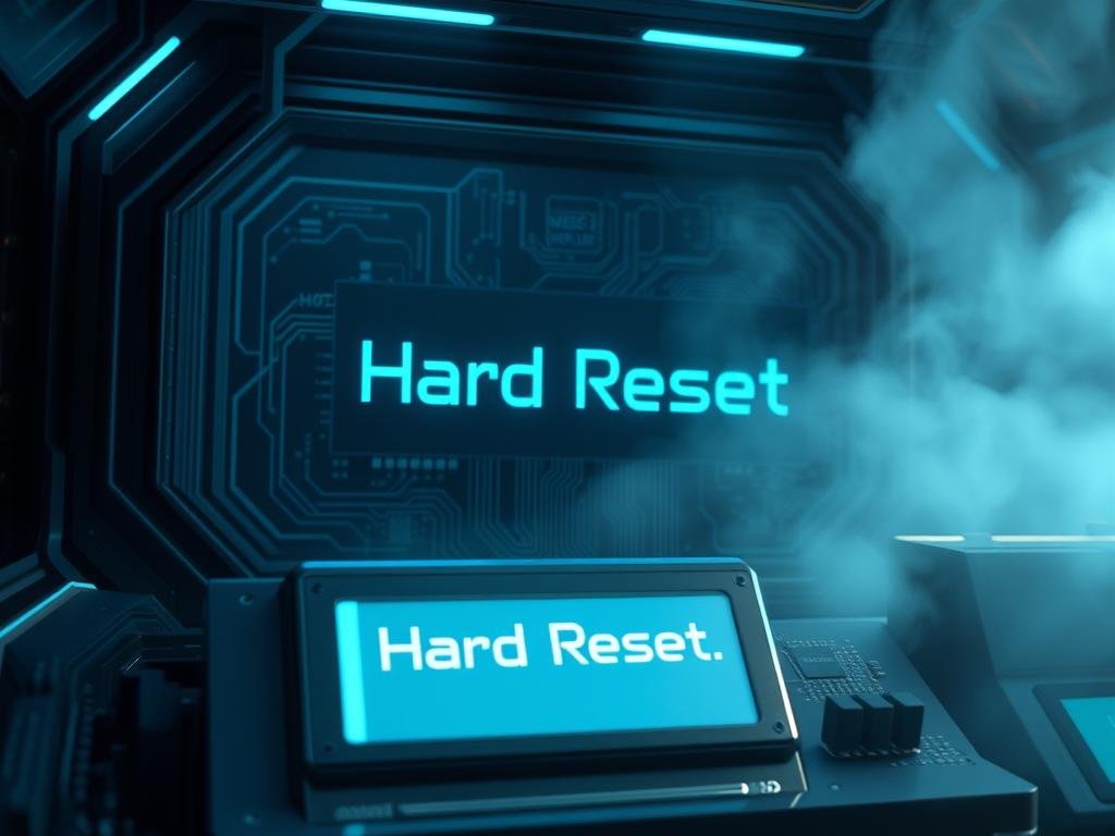 a futuristic tech interface displaying a "hard reset" command, cast in a cool, metallic blue tone. the foreground features a simplified digital display with clean, minimal design elements. the middle ground showcases a series of intricate circuit boards and electronic components, conveying a sense of complex inner workings. the background is shrouded in a hazy, atmospheric glow, creating a sense of technological depth and mystery. dramatic lighting from the side casts dramatic shadows, heightening the sense of drama and importance. the overall mood is one of power, precision, and the transformative potential of a hard reset.