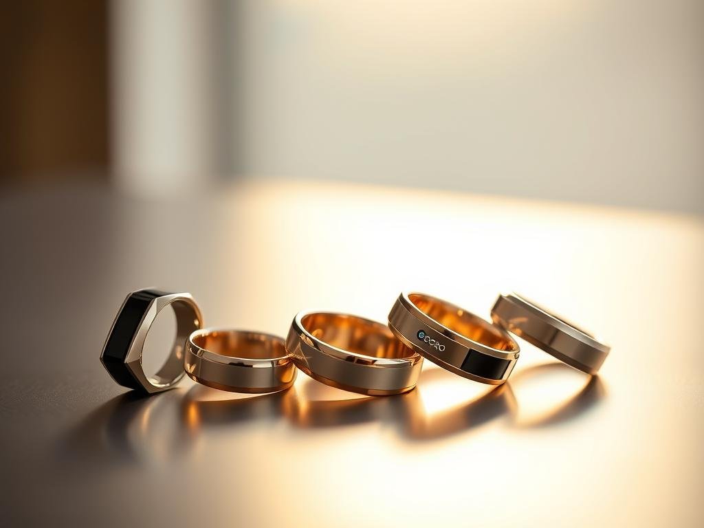A gleaming array of smart rings sits on a sleek, minimalist surface, their polished metallic surfaces reflecting the warm glow of soft, directional lighting. The rings feature subtle yet intricate designs, with embedded displays, haptic feedback, and discreet sensors that hint at their advanced capabilities. The background is slightly blurred, keeping the focus on the innovative wearable devices that promise to redefine how we interact with technology in our daily lives.