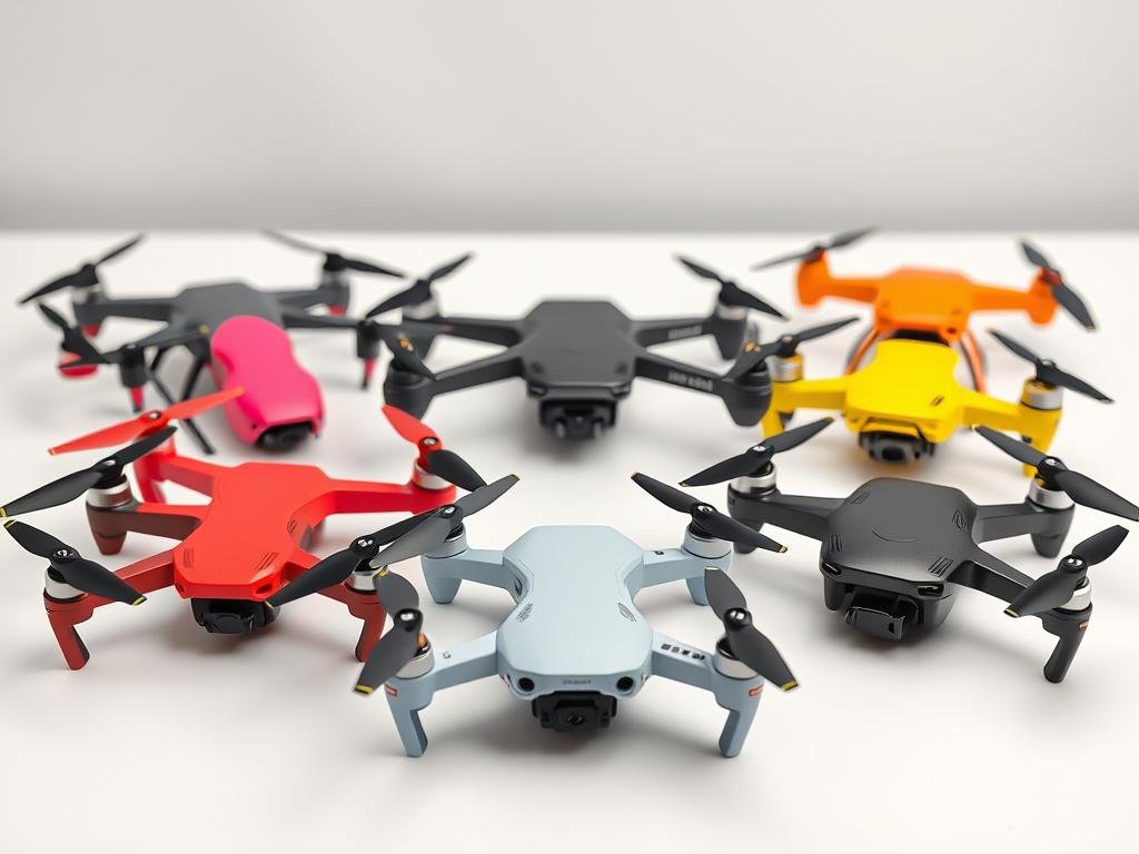 a group of budget-friendly drone models arranged on a clean, well-lit tabletop. the drones are displayed in the foreground, showcasing their sleek, compact designs in various vibrant colors. the middle ground features a simple, minimalist background, perhaps a plain white or light gray surface, to allow the drones to take center stage. the lighting is soft and diffused, creating a professional, high-quality product shot. the overall mood is one of practicality and accessibility, highlighting the affordability and user-friendliness of these entry-level drone options for new pilots. a group of budget-friendly drone models arranged on a clean, well-lit tabletop. the drones are displayed in the foreground, showcasing their sleek, compact designs in various vibrant colors. the middle ground features a simple, minimalist background, perhaps a plain white or light gray surface, to allow the drones to take center stage. the lighting is soft and diffused, creating a professional, high-quality product shot. the overall mood is one of practicality and accessibility, highlighting the affordability and user-friendliness of these entry-level drone options for new pilots.