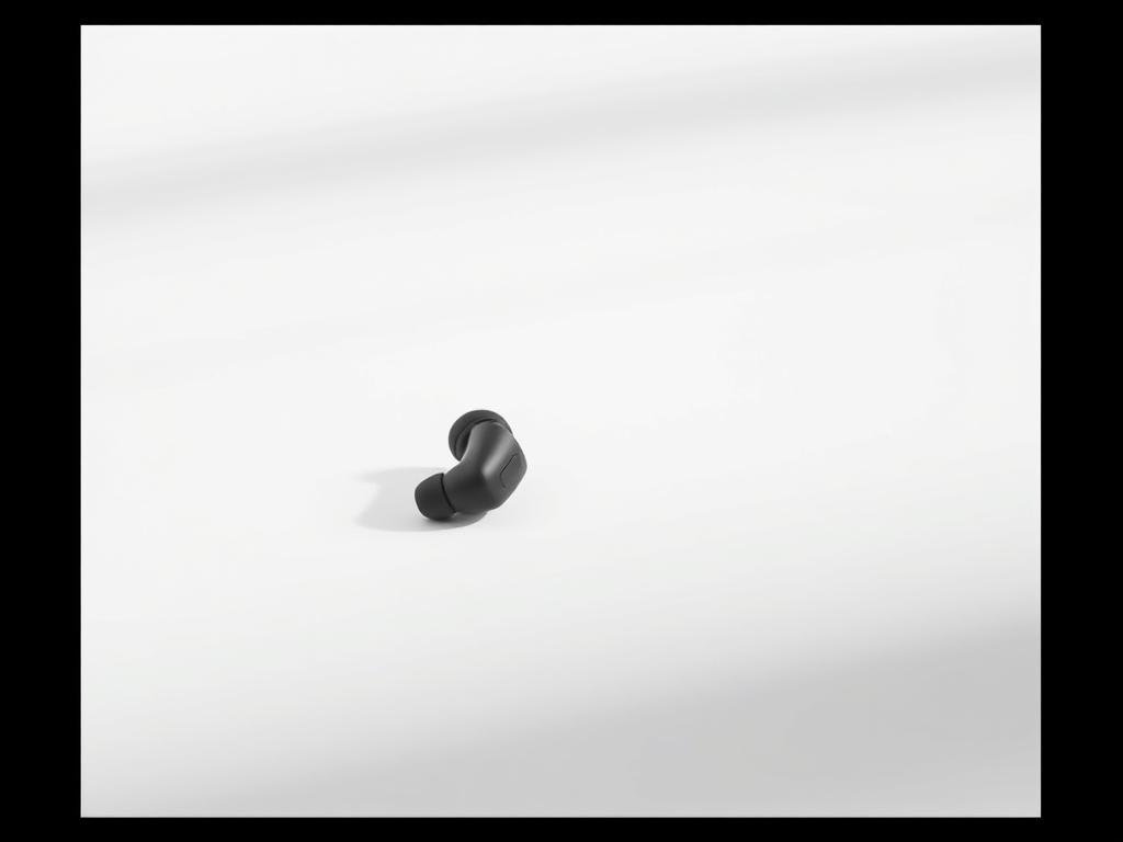 a high-end pair of noise-cancelling earbuds resting on a minimalist white background. the earbuds are sleek and modern, with a matte black finish and subtle metallic accents. the earbuds are positioned at a slight angle, casting soft shadows that add depth and dimension. the lighting is soft and diffused, creating a sense of calm and sophistication. the overall composition is clean and uncluttered, allowing the earbuds to be the focal point. the image conveys a sense of high-quality, premium audio technology designed to provide a peaceful, distraction-free listening experience.