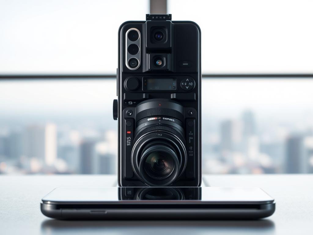 a high-end smartphone camera setup against a sleek, minimalist backdrop. in the foreground, a premium smartphone with a multi-lens camera array and advanced imaging sensors, bathed in a soft, diffused lighting. the middle ground features camera lenses and optics, showcasing the technical prowess of the device. in the background, a blurred cityscape or natural landscape, hinting at the smartphone's versatility for both urban and outdoor photography. the overall composition emphasizes the smartphone's capabilities as a powerful, professional-grade camera, catering to the needs of photography enthusiasts.