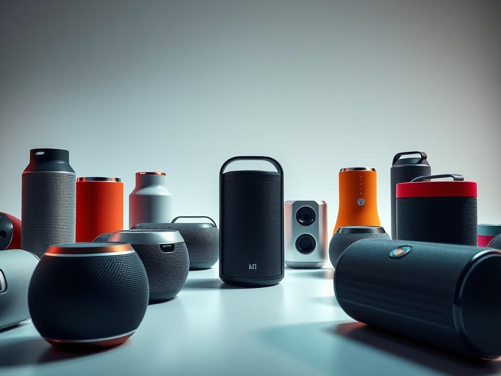 a high-quality, meticulously crafted image showcasing a variety of bluetooth speaker designs in a visually striking and aesthetically pleasing manner. the foreground features an assortment of speaker models in different shapes, sizes, and colors, arranged in a visually appealing composition. the middle ground showcases the speakers in use, with a soft, natural lighting highlighting their details and textures. the background is a minimalist, clean setting, allowing the speakers to be the focal point. the overall mood is one of sophistication, elegance, and attention to design. the image should convey a sense of the diverse range of bluetooth speaker options available, emphasizing their aesthetic appeal and design considerations.