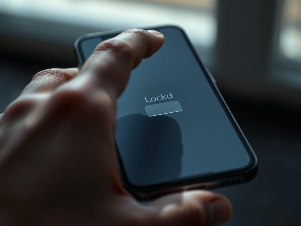 a high-resolution close-up of a sleek, modern smartphone screen, partially obscured by a human hand in the foreground, casting a soft shadow. the screen displays a static, monochrome interface with a few simple icons, suggesting the device is in a locked or frozen state. the scene is lit from the side, creating dramatic shadows and highlights that emphasize the tactile, textural qualities of the screen and hand. the background is blurred and out of focus, keeping the attention on the central interaction between the device and the user's hand. the overall mood is one of frustration and uncertainty, evoking the challenges of a malfunctioning smartphone.