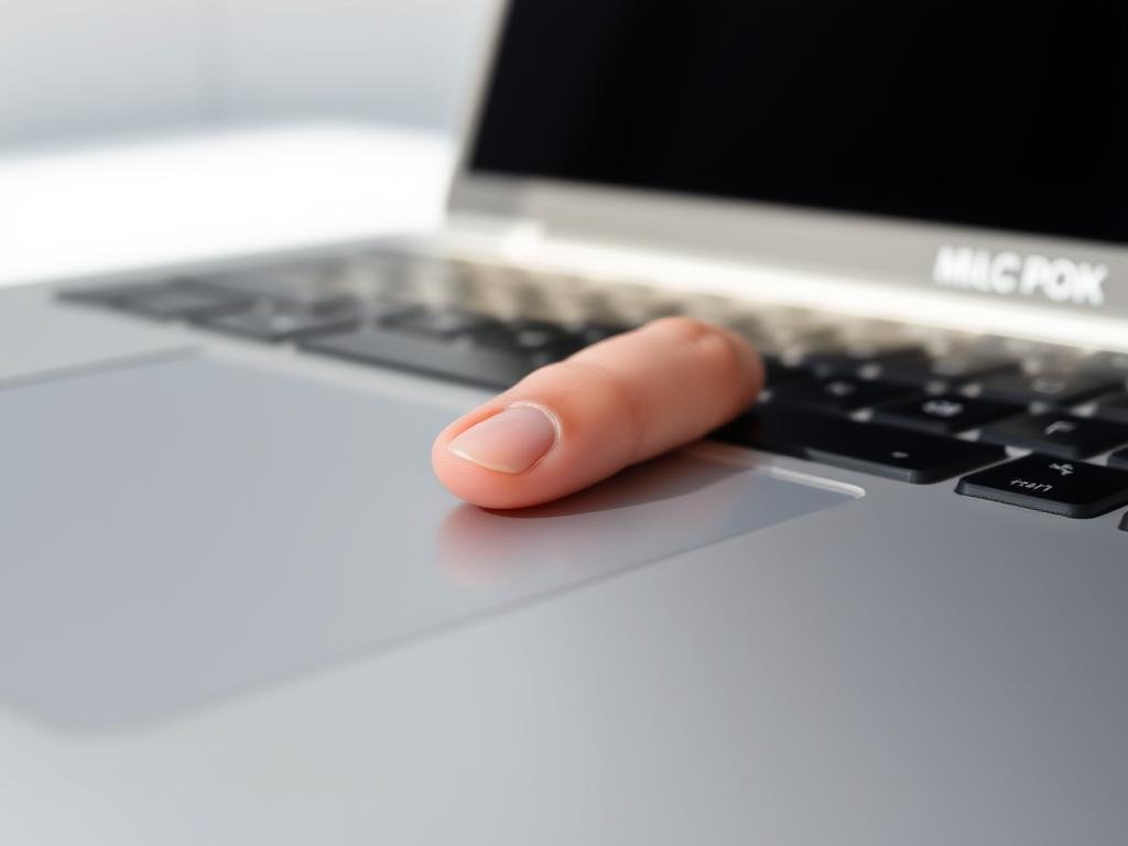 a high-resolution photograph of a silver macbook pro trackpad, with two fingers resting gently on the smooth, glossy surface. the trackpad is captured in close-up, filling the frame, creating a sense of focus and detail. the lighting is soft and diffused, casting subtle shadows that accentuate the contours of the fingers and the trackpad. the background is blurred, creating a clean, minimalist composition that draws the viewer's attention to the central subject. the overall mood is one of simplicity, elegance, and functionality, reflecting the premium design and user-friendly experience of the macbook pro.