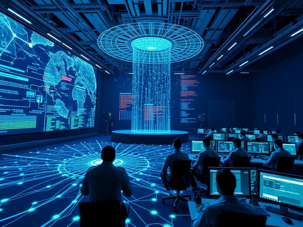 A high-tech cybersecurity control room, bathed in cool blue and green hues. In the foreground, a team of analysts monitors a network topology visualization, data streams flowing dynamically across intricate nodes and connections. In the middle ground, a towering holographic display showcases threat intelligence, AI-driven anomaly detection alerts flashing urgently. The background reveals rows of workstations, technicians employing advanced machine learning models to identify and mitigate emerging cyber threats in real-time. The atmosphere is one of intense focus and vigilance, as the team works tirelessly to safeguard critical systems and infrastructure using the power of machine learning.