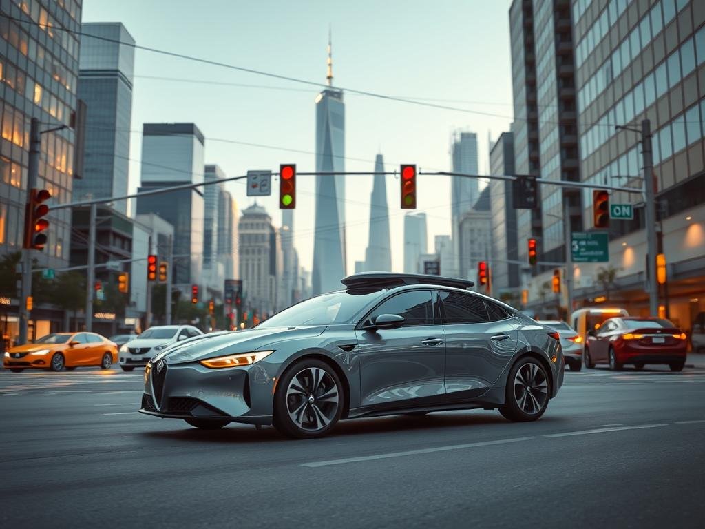 A high-tech urban scene showcasing the integration of machine learning in autonomous vehicles. In the foreground, a sleek self-driving car navigates the bustling streets, its sensors and cameras seamlessly processing real-time data. In the middle ground, a network of interconnected traffic signals and infrastructure communicate with the vehicle, optimizing traffic flow. In the background, a skyline of gleaming skyscrapers and towering architectural structures creates a futuristic, technologically-advanced ambiance. Warm, diffused lighting casts a subtle glow, highlighting the smooth, aerodynamic lines of the autonomous car. The scene conveys a sense of efficiency, innovation, and the transformative power of machine learning in modern transportation.