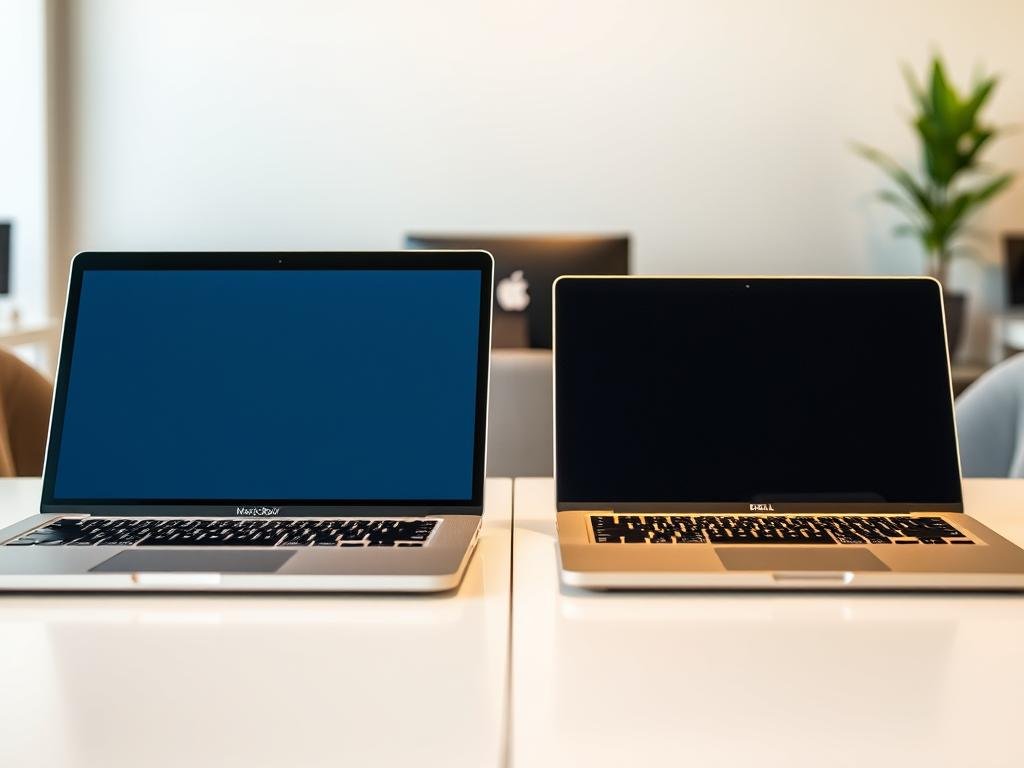 A highly detailed and technical comparison of the latest laptop specifications, showcasing the sleek and modern M2 MacBook Air alongside the sophisticated Dell XPS. In the foreground, the laptops are positioned side-by-side, their aluminum bodies gleaming under soft, directional lighting that accentuates their clean lines and premium finishes. In the middle ground, a neutral-toned table surface provides a clean backdrop, while the background features a subtle, out-of-focus office environment, hinting at the laptops' professional applications. The image conveys a sense of precision, attention to detail, and the high-end nature of these cutting-edge computing devices.