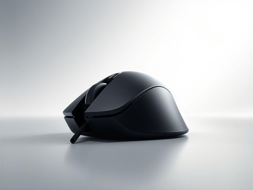 A highly detailed, photorealistic image of a sleek, high-performance gaming mouse in a well-lit studio setting. The mouse is positioned in the foreground, showcasing its ergonomic design, smooth matte finish, and precisely positioned buttons and scroll wheel. The middle ground features a clean, minimalist background, with subtle reflections and shadows that accentuate the mouse's form and textures. Soft, directional lighting from the top left creates a sense of depth and highlights the mouse's contours, while a slightly low camera angle emphasizes its power and presence. The overall mood is one of modern, sophisticated technology, inviting the viewer to consider the mouse's potential for enhanced gaming performance and precision.