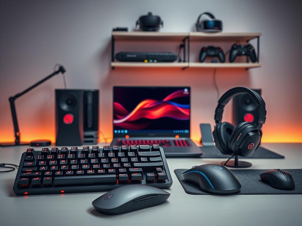 A meticulously crafted desktop scene showcasing the latest gaming gadgets against a sleek, minimalist backdrop. In the foreground, an assortment of high-end gaming peripherals - a state-of-the-art mechanical keyboard, a precise optical mouse, and a premium pair of noise-cancelling headphones. In the middle ground, a powerful gaming laptop with a vibrant, high-refresh-rate display. The background features a minimalist shelf displaying various cutting-edge gaming accessories, such as a virtual reality headset, a wireless game controller, and a stylish gaming mouse pad. Diffused, warm lighting creates a sophisticated, tech-savvy ambiance, highlighting the precision engineering and premium materials of the curated gaming setup.