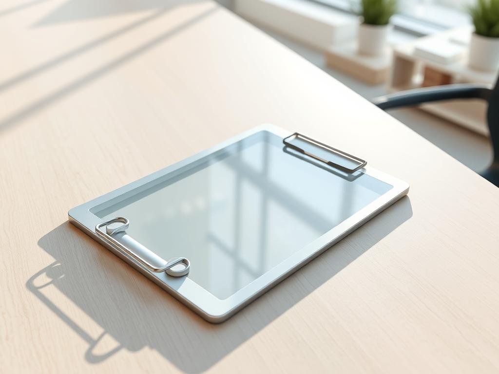 A meticulously detailed and highly realistic digital illustration of a silver metal clipboard with a transparent glass surface, placed on a sleek minimalist desk in a modern, well-lit office setting. The clipboard casts a natural shadow on the desk, and the lighting creates subtle highlights and reflections on the metal surface, giving it a premium, high-quality appearance. The desk is made of light-colored wood, and the background is a clean, bright, and airy environment, conveying a sense of productivity and professionalism. The overall mood is one of sophistication, efficiency, and attention to detail.