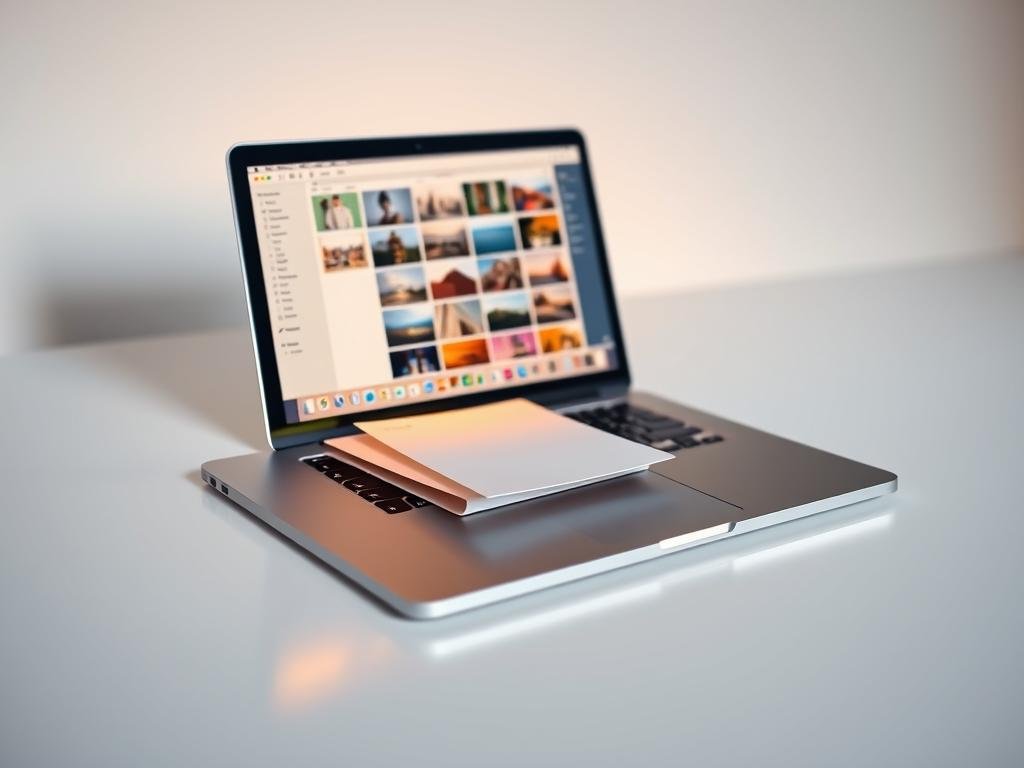 a meticulously detailed, high-resolution image of a sleek, silver macbook pro laptop resting on a minimalist white desktop surface. the laptop's screen displays a file explorer window, showcasing a folder of digital images. the foreground features a high-quality, tangible image file, subtly illuminated by warm, directional lighting, casting gentle shadows. the middle ground presents various file and folder icons, neatly organized in the laptop's interface. the background depicts a clean, uncluttered workspace, with a subtle gradient or plain color to create a sense of depth and focus on the central subject matter. the overall scene conveys a professional, productive, and visually appealing workspace for working with digital files, folders, and images.