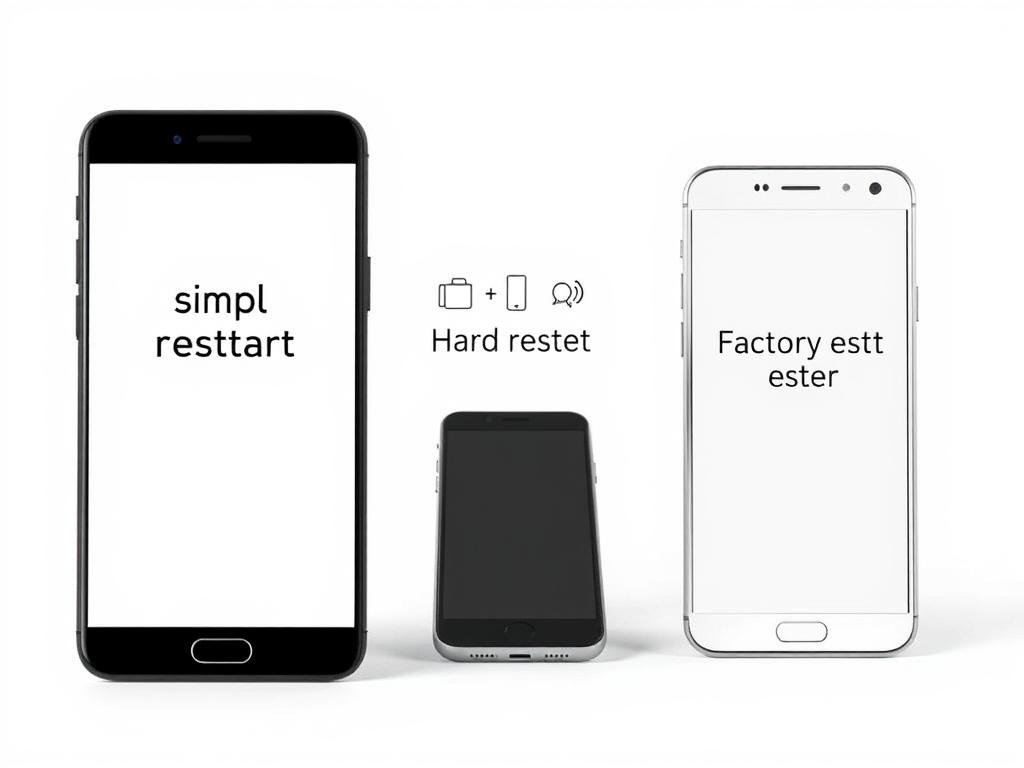 a minimalist, high-contrast image of three distinct smartphone reset methods: a simple restart, a hard reset, and a factory reset. the devices are rendered in a clean, modern style against a plain white or light grey background. the foreground features the three phones in various states of disrepair, with focused visual cues highlighting the different reset processes. the middle ground shows abstract icons or diagrams outlining the steps for each reset type. the background maintains a sense of depth and simplicity, allowing the central devices and reset information to take visual precedence.