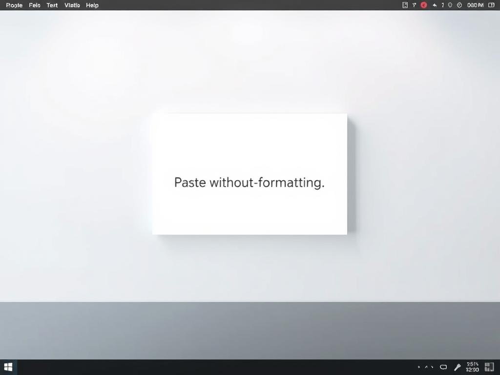a minimalistic desktop with a clean, modern aesthetic. in the center, a floating window displays a clean, unformatted text selection, emphasizing the simplicity of the "paste without formatting" action. the window is illuminated by soft, diffused lighting, creating a serene and focused atmosphere. the background features a subtle, muted gradient, allowing the central window to take center stage. the overall composition conveys a sense of efficiency and attention to detail, perfectly complementing the article's subject matter.