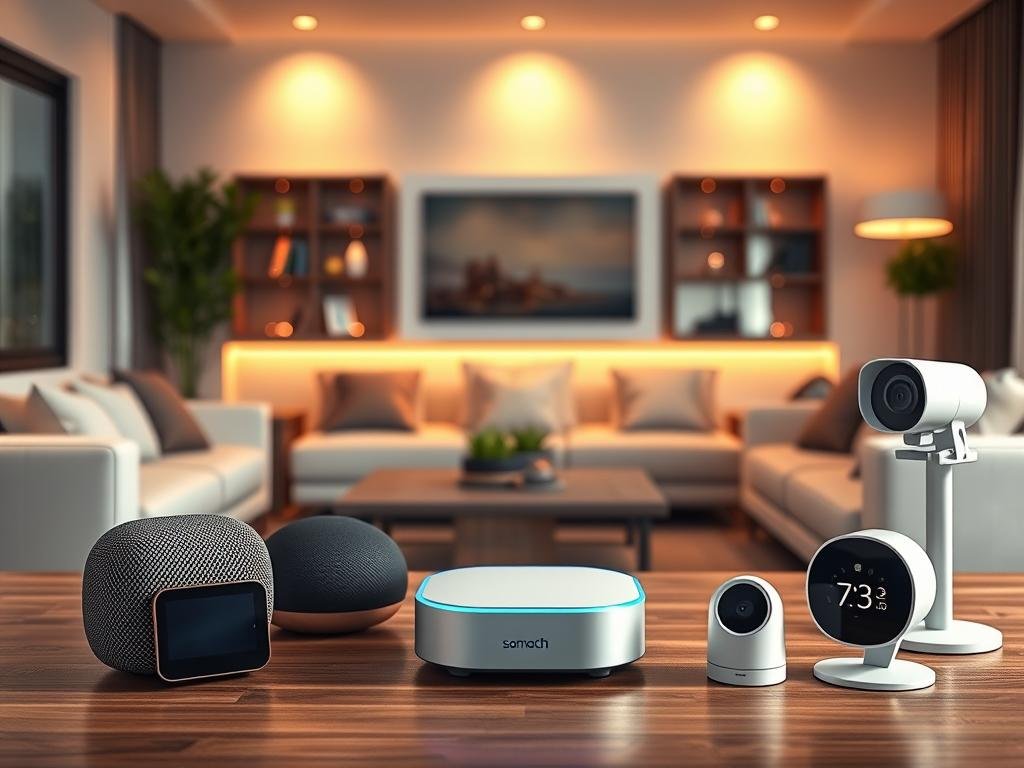A modern living room with sleek, minimalist furniture. In the center, a smart home hub device with voice control capabilities, its microphone array clearly visible. Warm, diffused lighting illuminates the scene, creating a cozy and inviting atmosphere. The hub is surrounded by various IoT devices - a smart speaker, a thermostat, and a security camera - all seamlessly integrated and ready to respond to voice commands. The overall composition conveys the effortless control and convenience of a voice-activated smart home ecosystem.