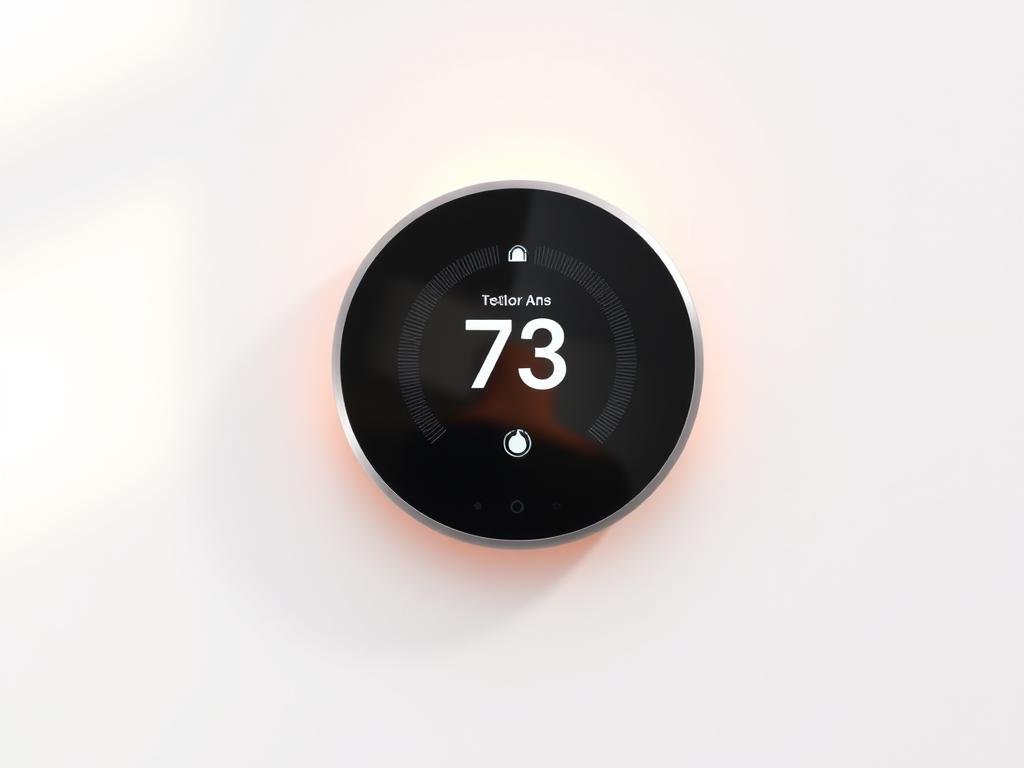 a modern, minimalist smart thermostat device with a sleek, glossy display. placed on a clean, minimalist white wall, the thermostat is backlit with a warm, soft glow. subtle shadows and highlights accentuate the device's form and functionality. the overall scene conveys a sense of simplicity, efficiency, and technological sophistication, perfectly suited for a "smart home" setting. the lighting is natural and diffused, creating a calming, inviting atmosphere. the composition is balanced, with the thermostat positioned centrally to draw the viewer's attention.