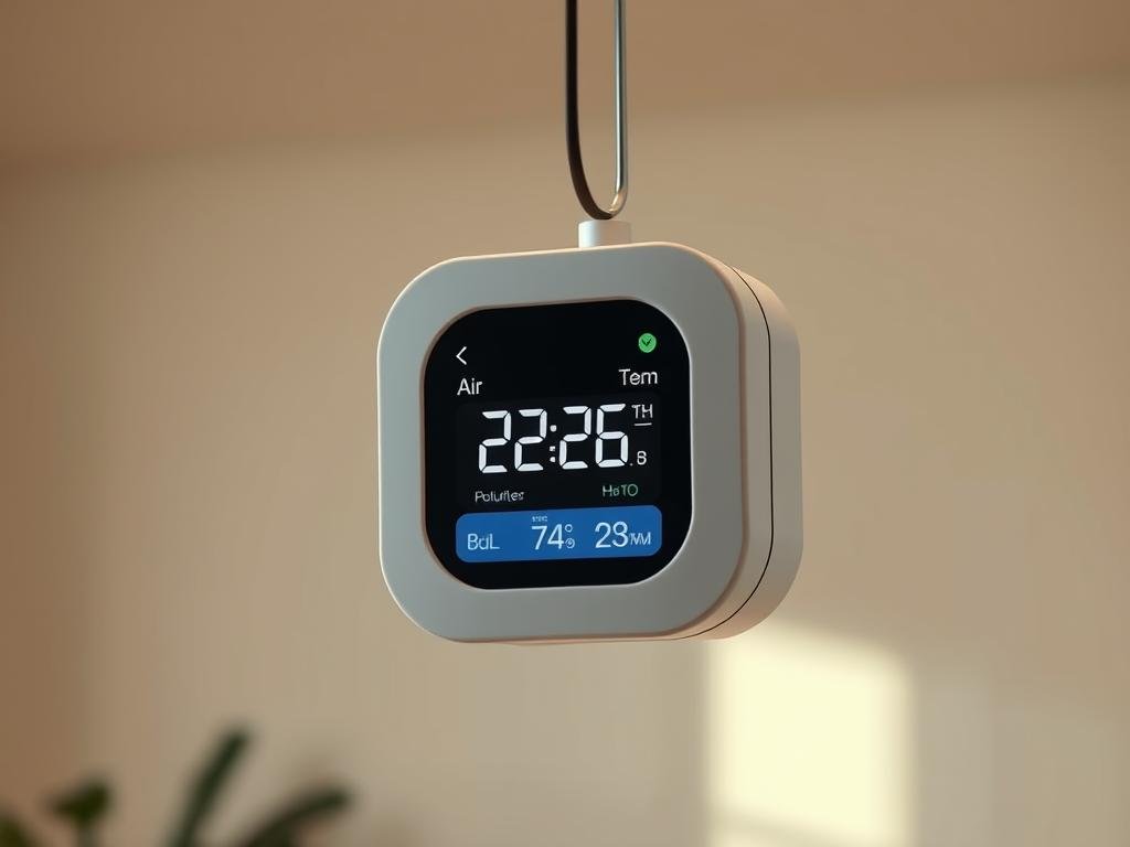 a modern, sleek air quality sensor suspended in a well-lit, minimalist room. the sensor's display shows real-time data on air pollutants, temperature, and humidity. ambient lighting subtly accentuates the sensor's clean, geometric design. the background features muted, natural tones - a soothing contrast to the sensor's digital readout. the overall scene conveys a sense of technological integration with a comfortable, thoughtfully designed living space.